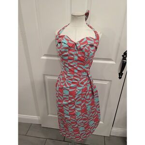 Bernie Dexter Coral Aqua Geometric Halter Neck Pinup Retro Dress XS